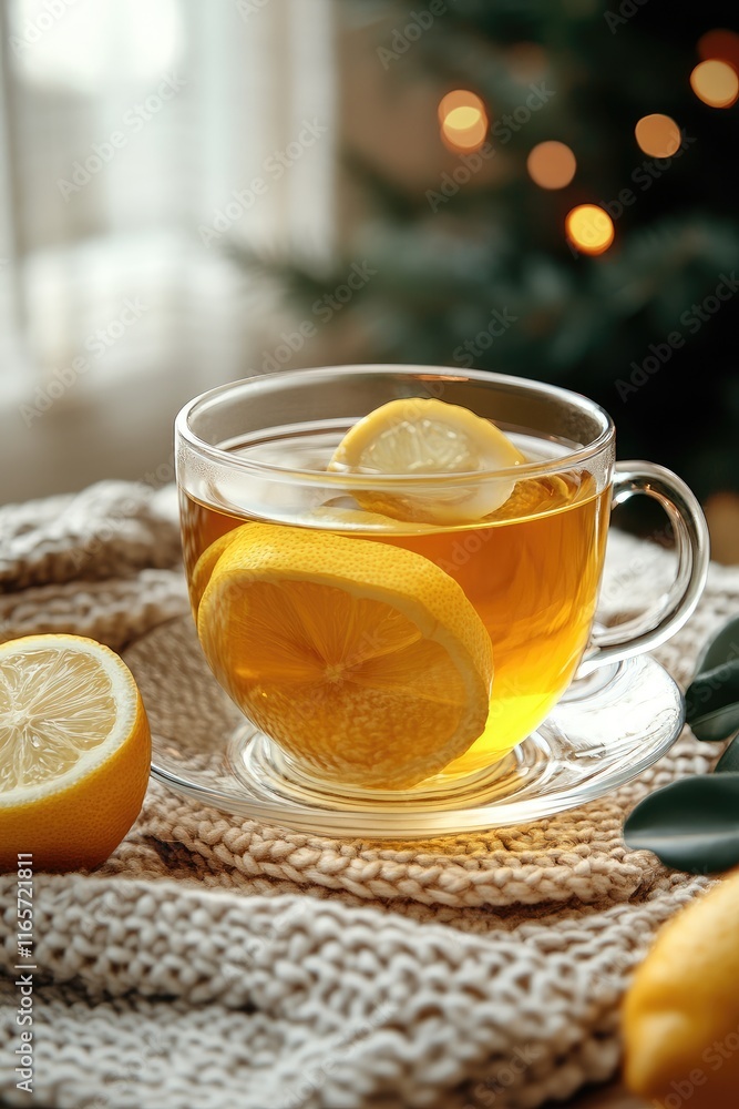 Cozy Winter Lemon Tea by the Fireplace with Knitted Blanket Ambiance