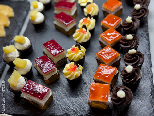 Dessert Buffet with assorted small cakes, pastries and sweets in buffet service restaurant close up