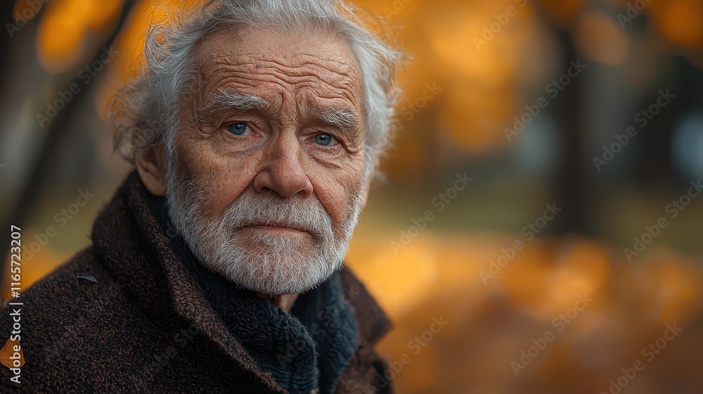 Lonely grandpa reflecting on life amidst autumn leaves in a quiet park at sunset Lonely grandpa reflecting on life amidst autumn leaves in a quiet park at sunset