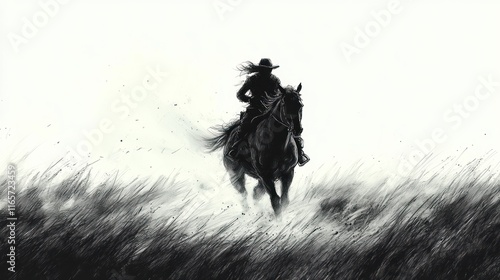 Cowgirl rides horse, monochrome, grassy field.