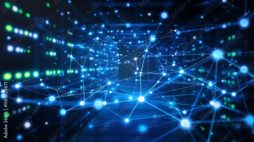 Abstract Technology Background of Data Center with Interconnected Servers, Blue and Green Glowing Network Abstract Technology Background of Data Center with Interconnected Servers, Blue and Green Glowing Network