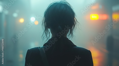Lonely woman standing in a foggy alley at night, immersed in cinematic atmosphere and moody reflections