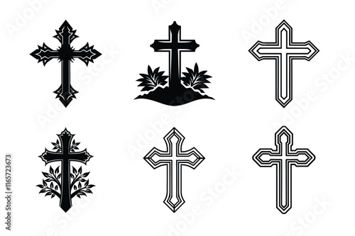 Set of Christian cross liner and silhouette, Religious cross icon illustration