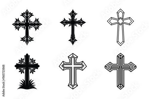 Set of Christian cross liner and silhouette, Religious cross icon illustration