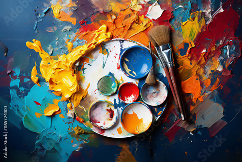 Wallpaper Mural A vivid display of spilled artist palette oil paints and  brushes arranged on blue wooden boards capturing the essence of artistic chaos, stock illustration art image Torontodigital.ca