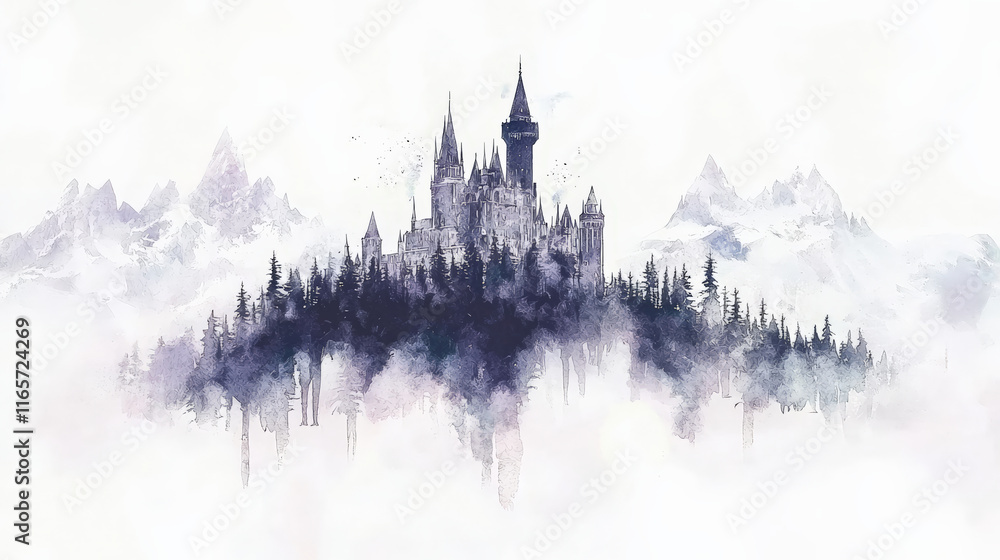 Fototapeta premium Majestic castle surrounded by snowy peaks and misty forests in watercolor