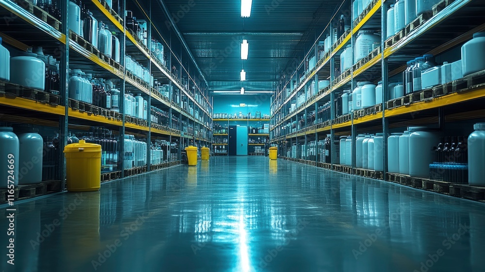 Chemical storage room with organized bottles of various solutions Chemical storage room with organized bottles of various solutions