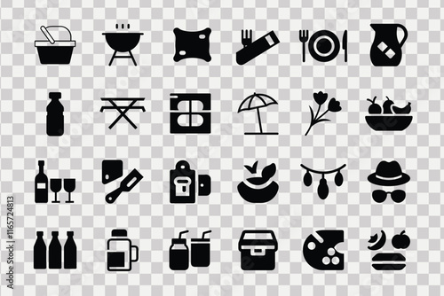  vector icon set featuring essential outdoor picnic items, including a picnic basket, grill, cushion, cutlery pouch, plate setting, jug with lemonade, bottled water, folding table, cooler box, sun umb