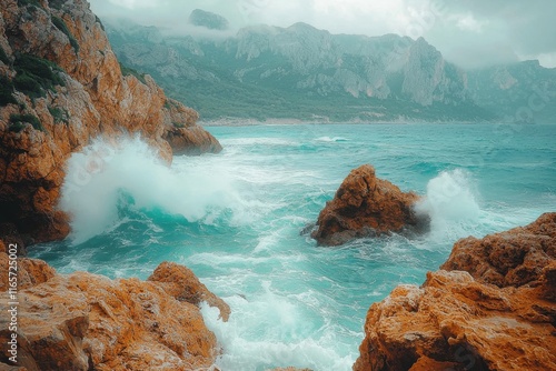 Waves crash on rocky shore under cloudy skies in a serene coastal landscape photo