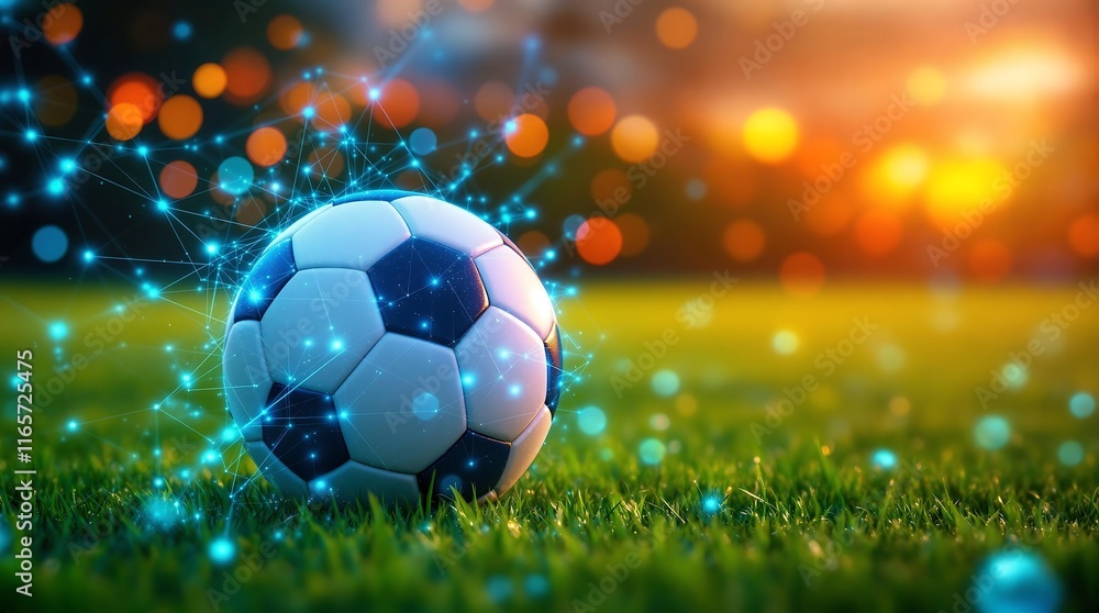 Fototapeta premium Dynamic Soccer Ball on Field with Digital Analysis Graphics, Showcasing Sports Data Analytics