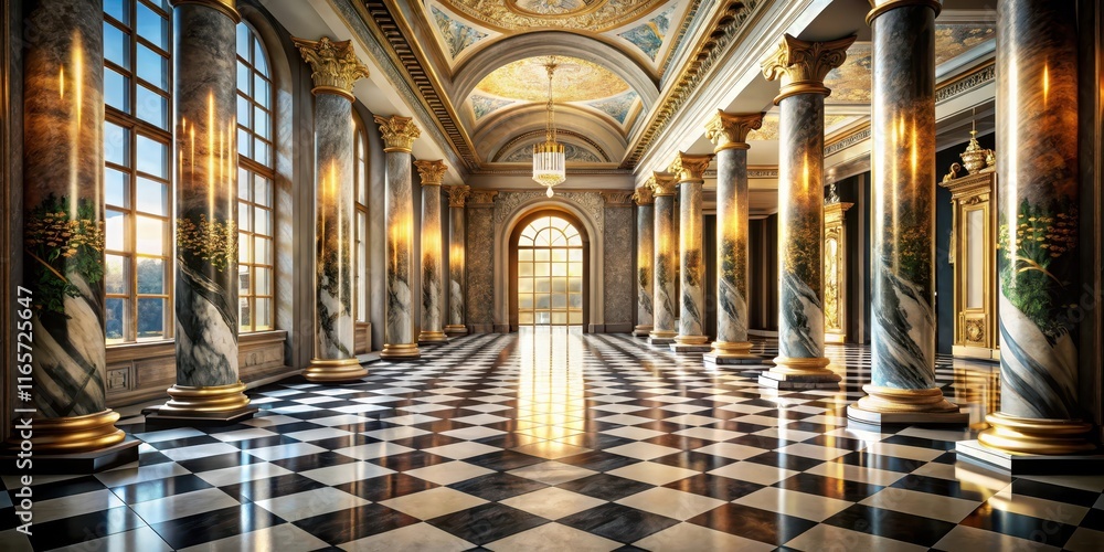 Obraz premium Grand Hall with Checkered Floor and Gilded Columns