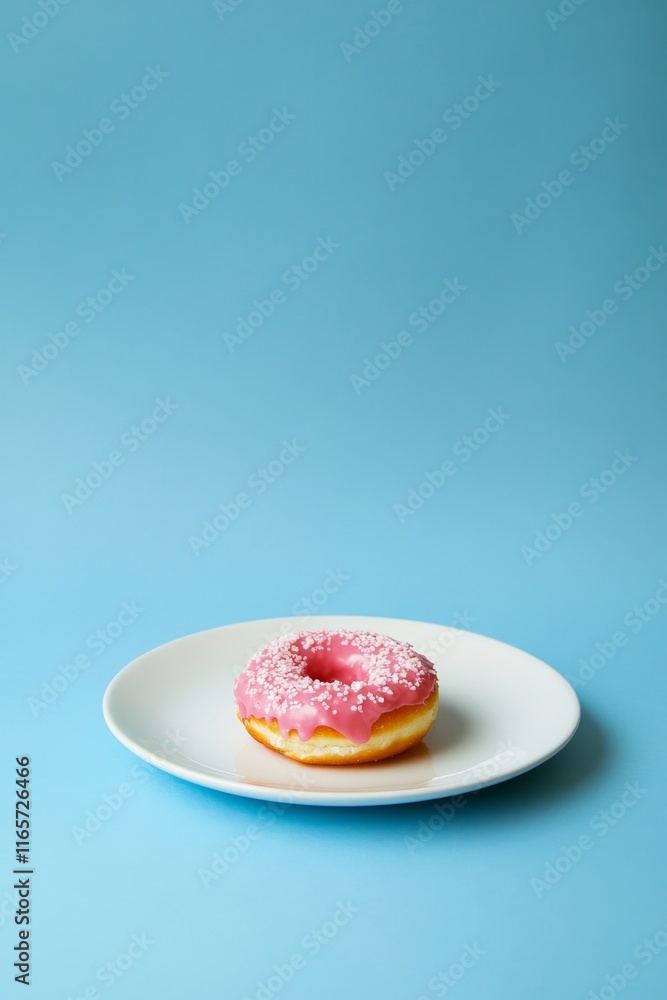 a pink doughnut sitting in the middle of an empty plate, against a blue background a pink doughnut sitting in the middle of an empty plate, against a blue background