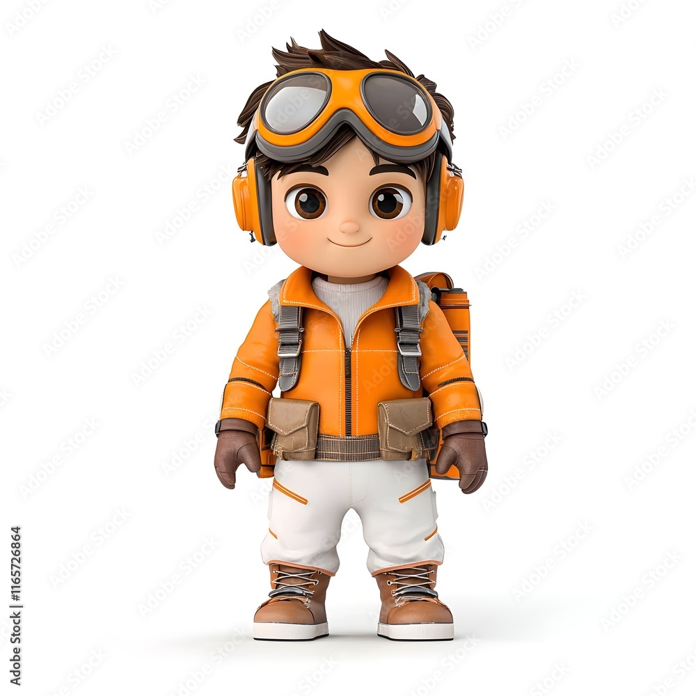 Cartoon character wearing orange and white clothing and goggles