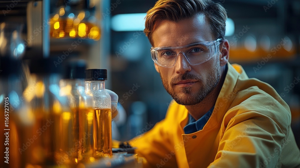 Scientist measuring viscosity of solution with viscometer Scientist measuring viscosity of solution with viscometer