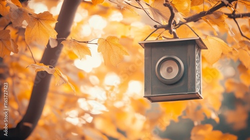 Warm Outdoor Lantern Among Autumn Leaves