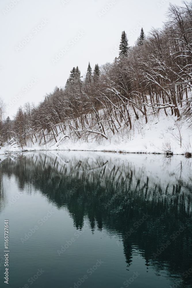 In the enchanting beauty of winter, a serene snowy forest quietly reflects upon a tranquil, icy lake, forming a breathtaking scene that truly captures the magical essence of this season In the enchanting beauty of winter, a serene snowy forest quietly reflects upon a tranquil, icy lake, forming a breathtaking scene that truly captures the magical essence of this season