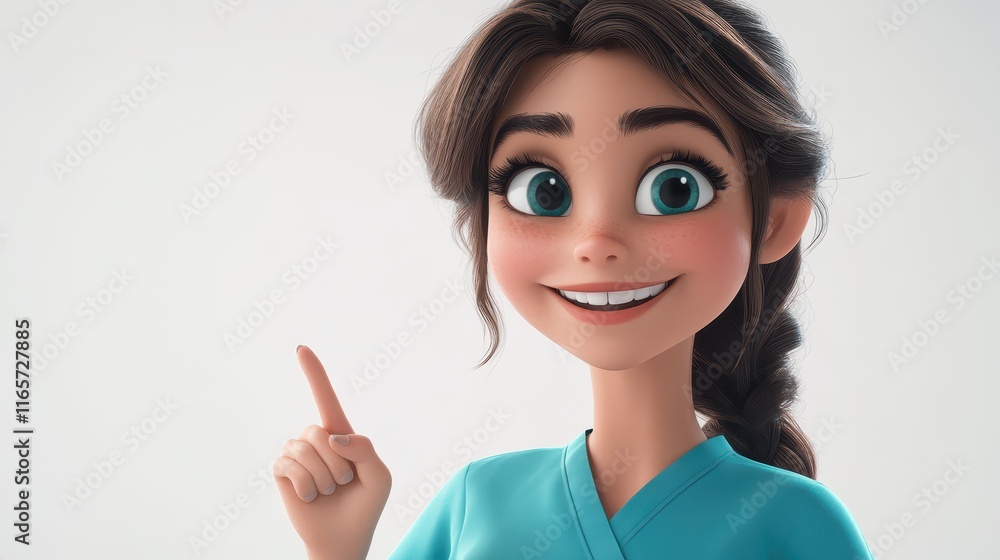 Nurse in teal scrubs displaying a friendly smile with a finger raised in a cheerful gesture Nurse in teal scrubs displaying a friendly smile with a finger raised in a cheerful gesture