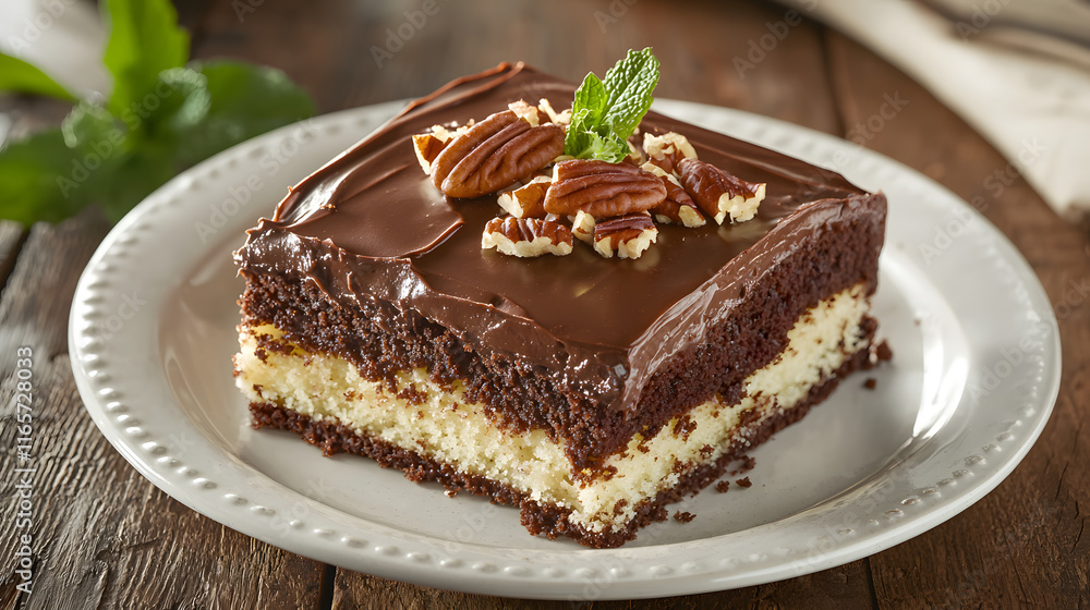 Decadent Slice of Texas Sheet Cake with Chocolate Frosting and Nuts Decadent Slice of Texas Sheet Cake with Chocolate Frosting and Nuts