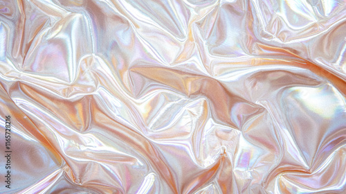 Abstract Grainy Holographic Background: Iridescent Silver Background in Soft Peach Gradient Pearl Tones - Wrinkled Holographic Rainbow Silver Satin Foil with Shimmering Pearlescent Light Reflections