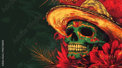 Colorful Mexican skull adorned with a sombrero and flowers for Cinco de Mayo celebration photo