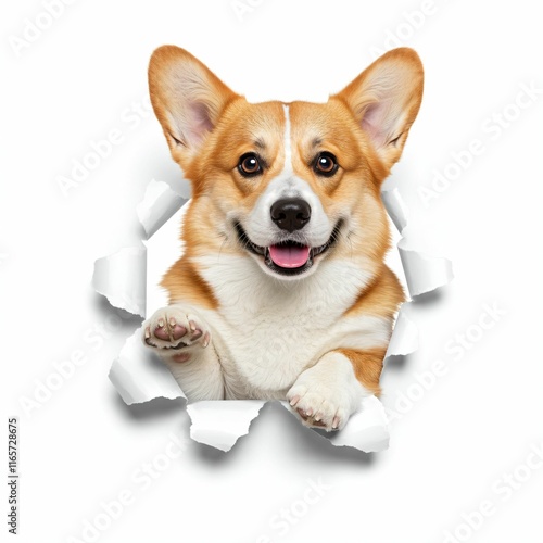 Cute Corgi Breaking Through Torn Paper - Playful and Adorable Dog Illustration