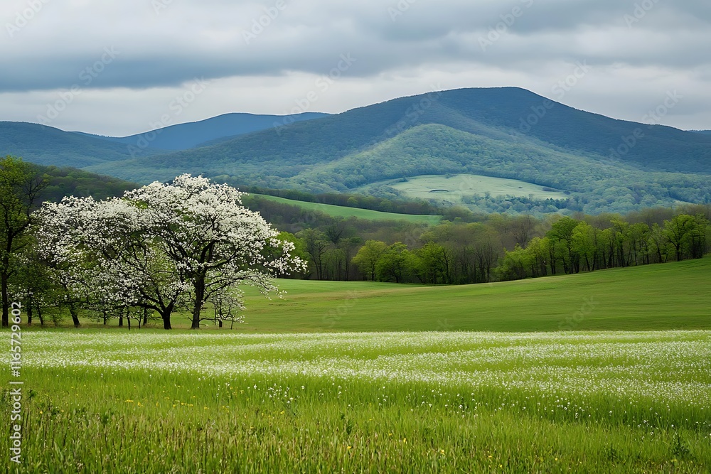 A serene mountain landscape awakening with the Spring Equinox, isolated on transparent. PNG. A serene mountain landscape awakening with the Spring Equinox, isolated on transparent. PNG.