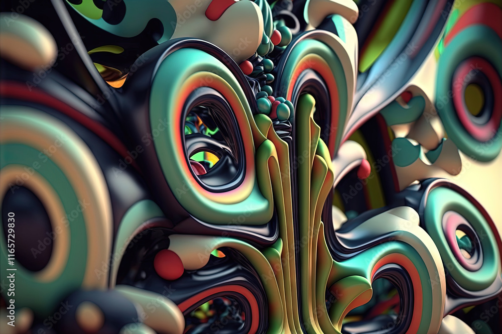 Naklejka premium Surreal abstract 3D composition with intricate textures, organic shapes, and vibrant colors in a digital fantasy environment