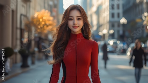 Elegant woman in long-sleeve red dress walking confidently on urban street during golden hour with city backdrop photo