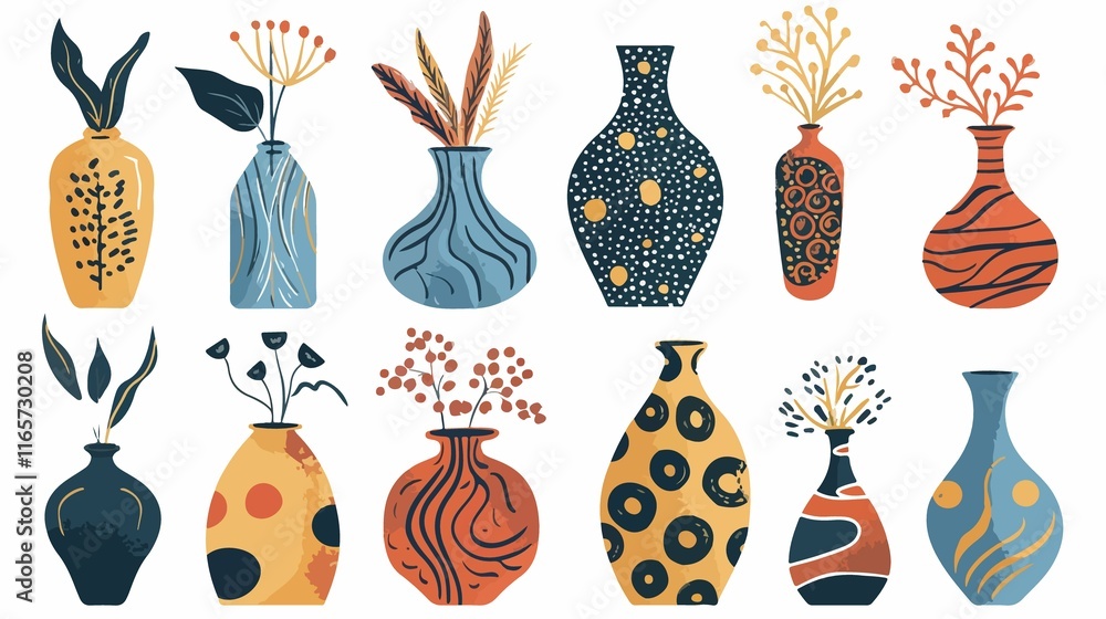 Elegant Ceramic Vases and Abstract Doodle Objects Composition Elegant Ceramic Vases and Abstract Doodle Objects Composition