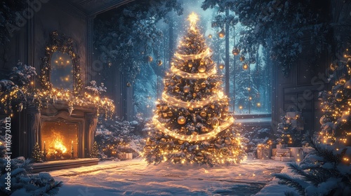 Elegant anime-style Christmas tree with warm lights in a cozy winter setting