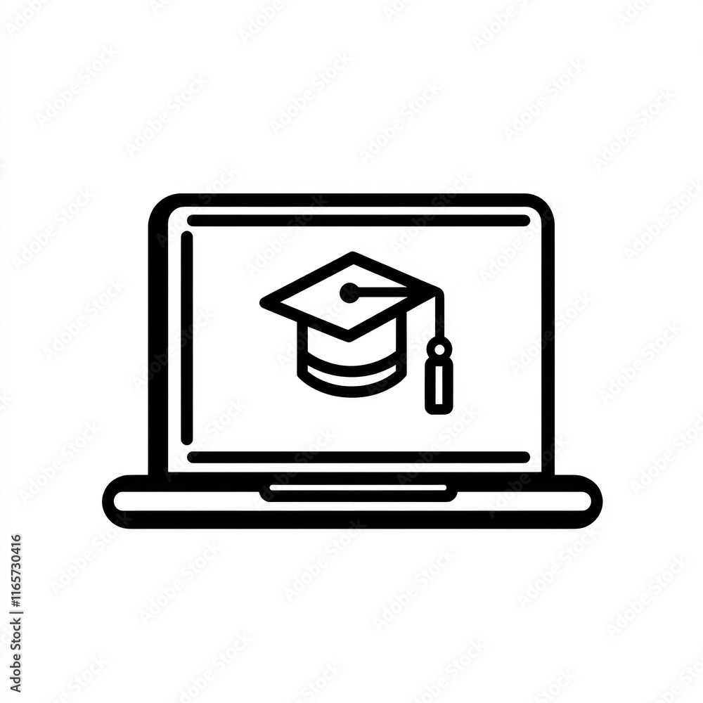 Laptop Displaying Graduation Cap Symbol of Online Learning Laptop Displaying Graduation Cap Symbol of Online Learning