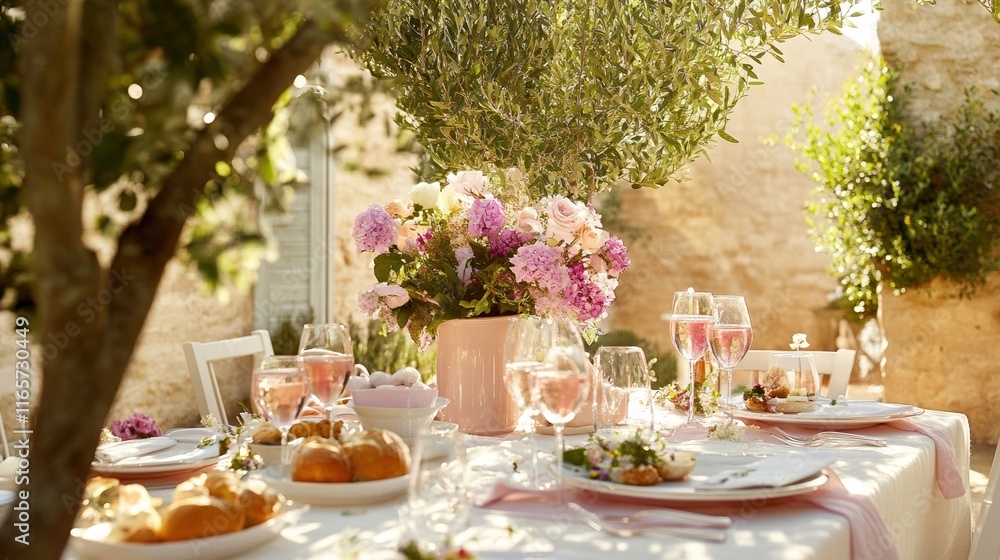 Elegant outdoor dining setup with flowers and delicious dishes Elegant outdoor dining setup with flowers and delicious dishes