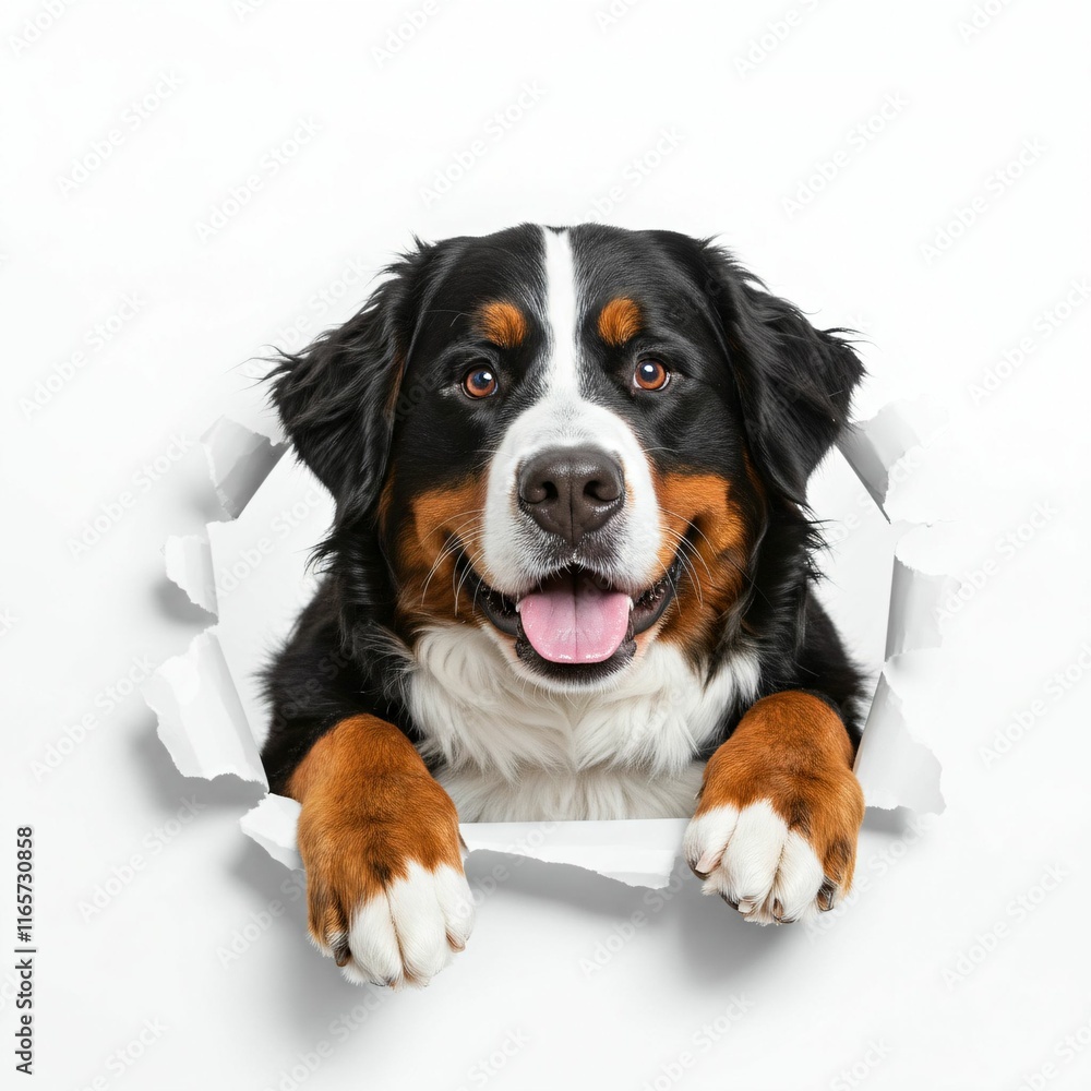 Adorable Bernese Mountain Dog Puppy Peeking Through Torn Paper - Fluffy and Playful Pet Design Adorable Bernese Mountain Dog Puppy Peeking Through Torn Paper - Fluffy and Playful Pet Design