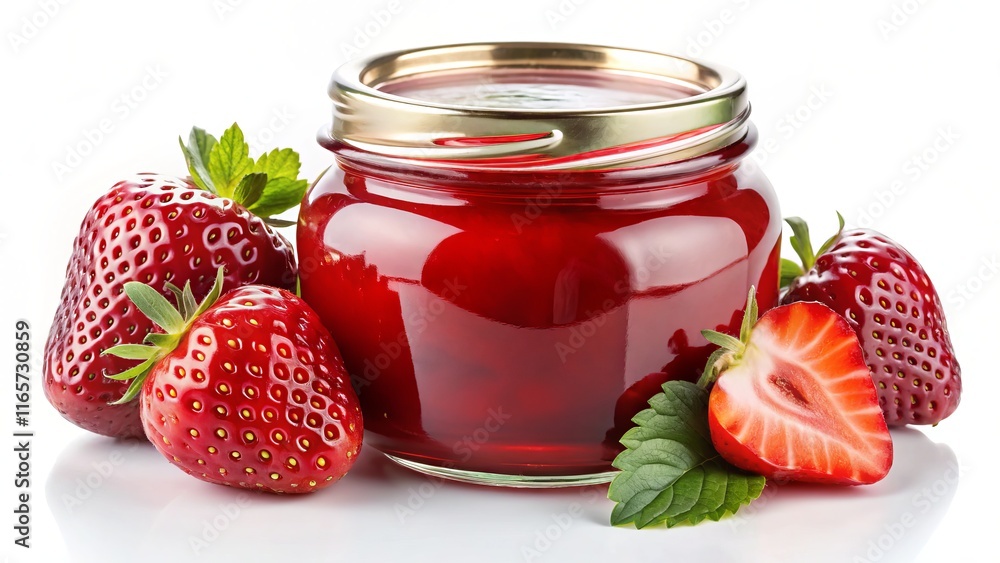 Delicious Red Strawberry Jelly in Glass Jar Isolated on White Background - Perfect for Food Blogs and Packaging