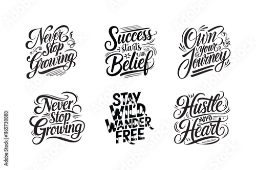 Bundle of typography t-shirt designs, featuring hand-drawn 
calligraphy with motivational quotes. each design showcases unique, inspiring phrases in artistic calligraphy, ideal for t-shirt printing