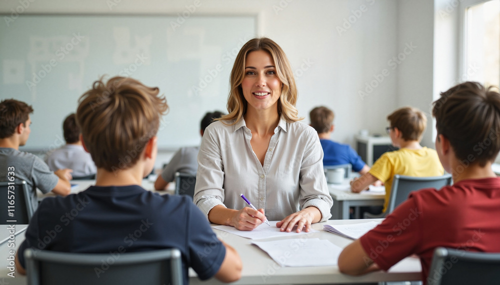 Young teacher conducting quiz in classroom with students, educational growth Young teacher conducting quiz in classroom with students, educational growth