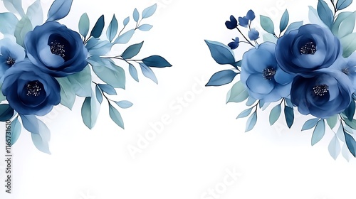 Watercolor Blue Floral Design with Delicate Leaves and Blooms