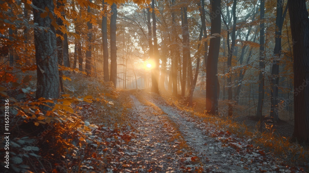 A serene forest path illuminated by the soft glow of the setting sun amidst autumn foliage. A serene forest path illuminated by the soft glow of the setting sun amidst autumn foliage.
