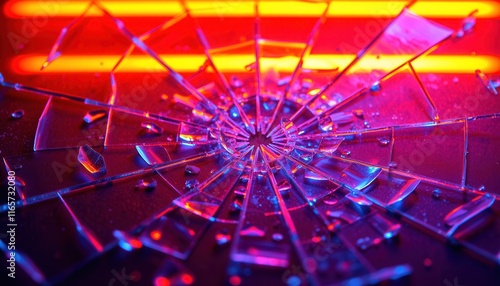 Shattered glass with radiant neon light reflections background
