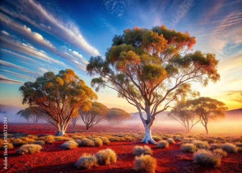 Double Exposure: Dawn's Embrace, Australian Outback Eucalyptus photo