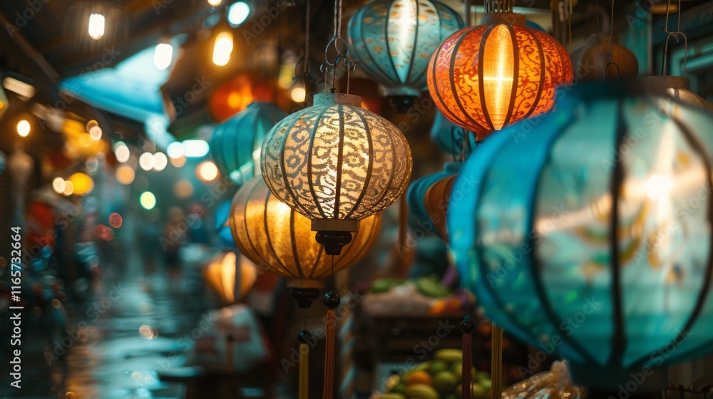 A vibrant display of colorful lanterns in a market setting, illuminated by soft lights. A vibrant display of colorful lanterns in a market setting, illuminated by soft lights.
