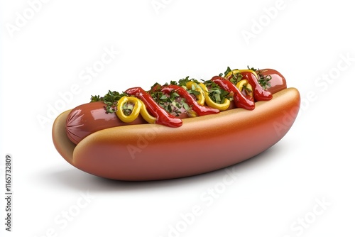 Hot dog with ketchup, mustard, and relish. photo