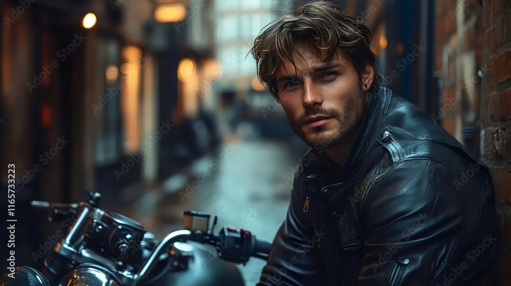 A man is sitting on a motorcycle with his head tilted to the side A man is sitting on a motorcycle with his head tilted to the side