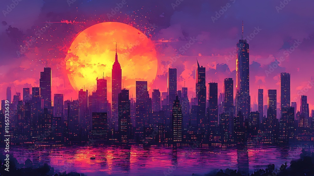 Obraz premium City Skyline at Sunset with a Large Orange Sun