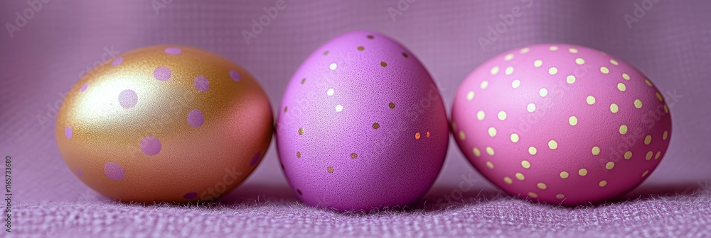 Three Easter Eggs on Lavender Background With White Polka Dot Patterns, Space for Text Three Easter Eggs on Lavender Background With White Polka Dot Patterns, Space for Text