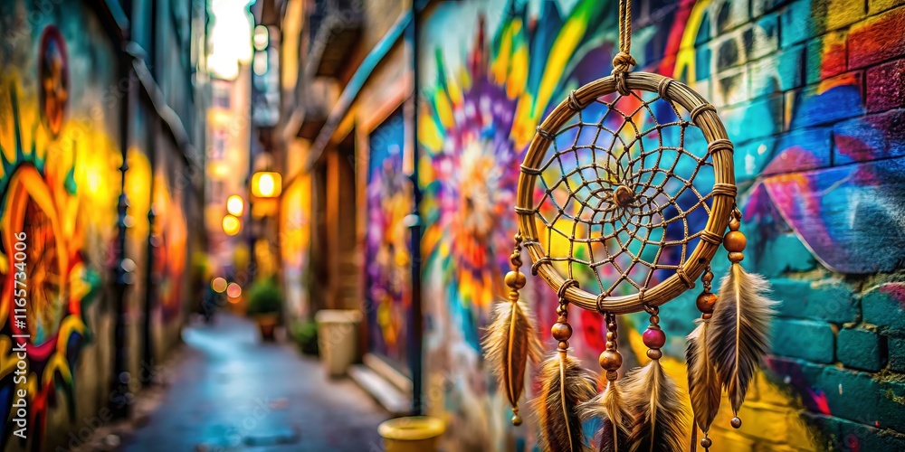 Obraz premium Dreamcatcher & Urban Graffiti Wall Art: Bohemian Chic Stock Photo