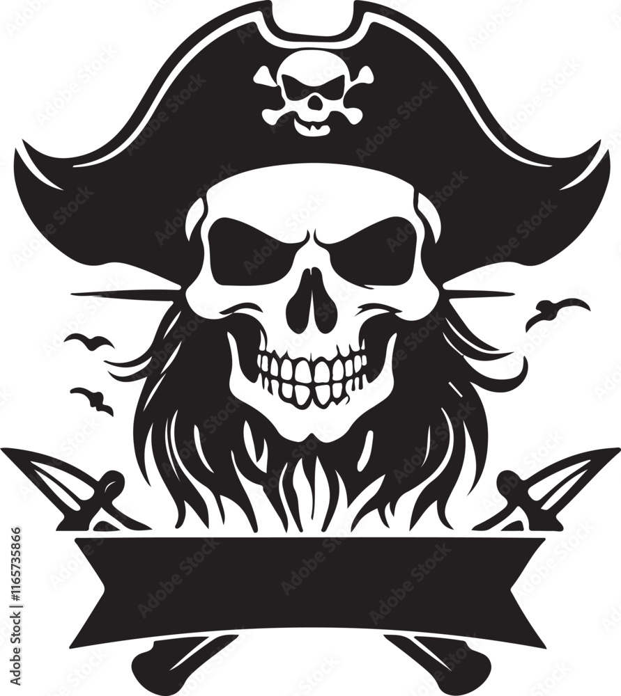 Fototapeta premium A black and white pirate skull silhouette design. Skull icon design 