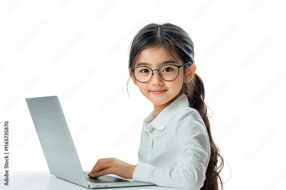 smiling litte girl with laptop isoalted on white smiling litte girl with laptop isoalted on white
