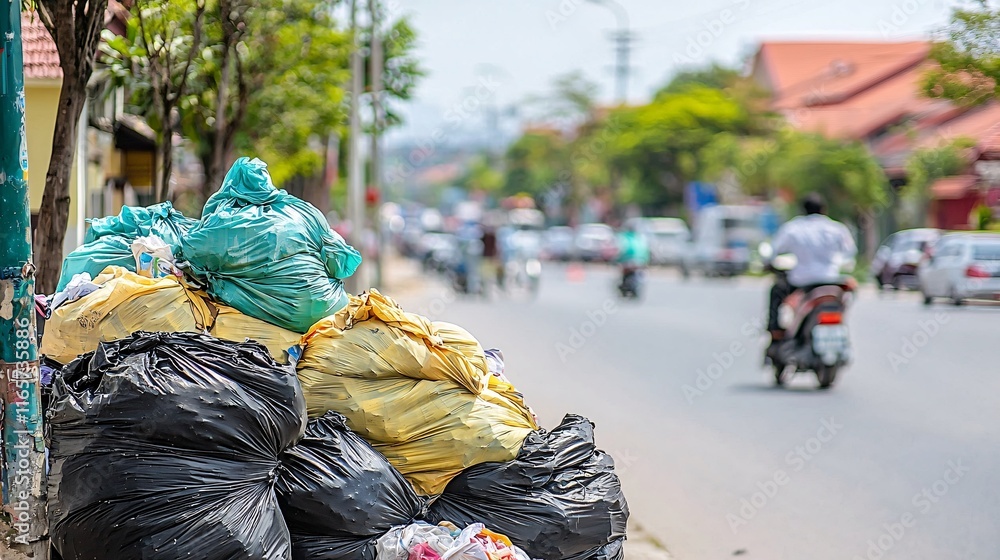 of a busy street with piles of garbage bags, integrated with the image of urban decay. | of a busy street with piles of garbage bags, integrated with the image of urban decay. |