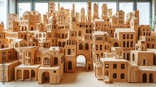 A cardboard city with a lot of buildings and a small archway photo